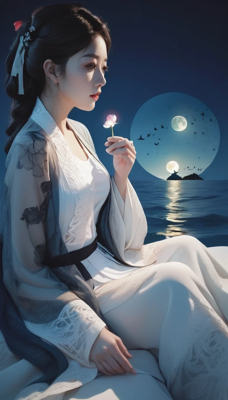 Double Exposure Style, Volumetric Lighting, a girl with Lace blouse,figure four sitting,beach,Traditional Attire,Artistic Calligraphy and Ink,illustration zentangle,at Blue hour,Peaceful, light depth, dramatic atmospheric lighting, Volumetric Lighting, double image ghost effect, image combination, double exposure style