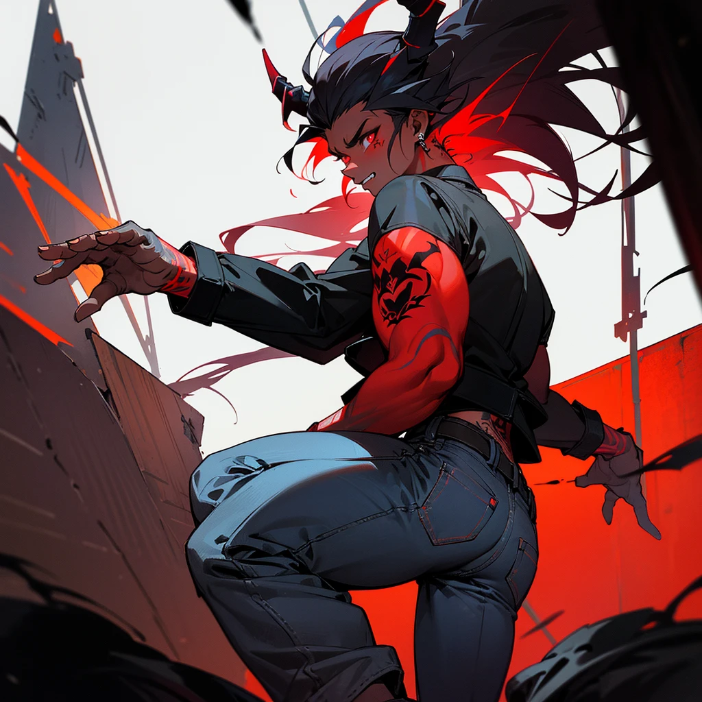 young, muscular, black skin, thug, demonic appearance, red horns, wearing a black jacket and jeans, has tattoos, piercings (The background is the dark night in the alley with some neon signs)