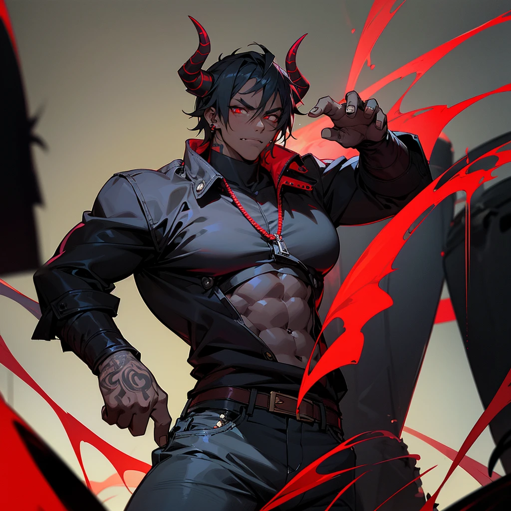 young, muscular, black skin, thug, demonic appearance, red horns, wearing a black jacket and jeans, has tattoos, piercings (The background is the dark night in the alley with some neon signs)