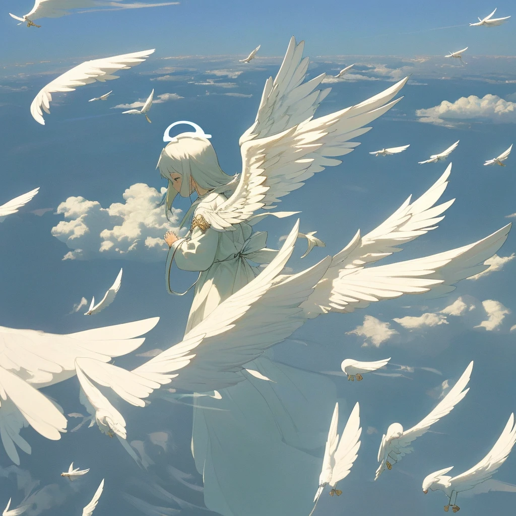 An angel with a crown and golden wings.