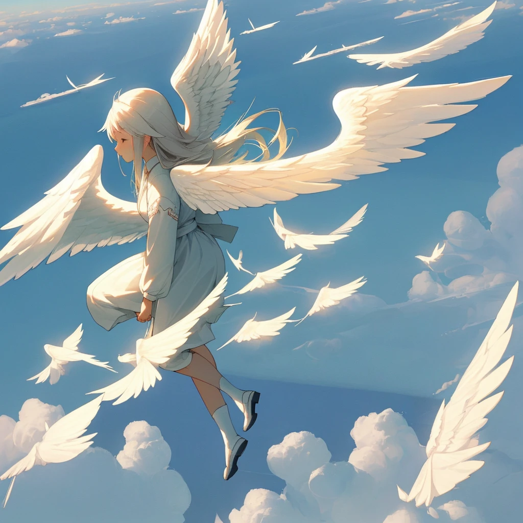 Spreading angelic wings、Flying through the sky、Walking on clouds、Offering a prayer、Being guarded by a guardian angel、beautiful girl