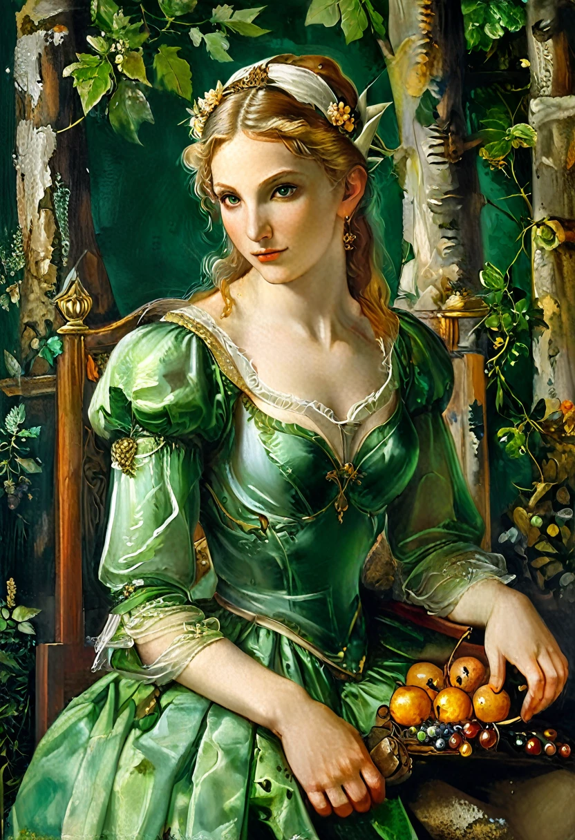 aa masterful best quality, award winning masterpiece, oil painting portrait done by Michelangelo of Princess Zelda, ((anatomically correct: 1.5)), small pointed ears, wearing intricate glamour green elven dress, elven forest background background, Ultra-high resolution, High Contrast, (masterpiece:1.5), highest quality, Best aesthetics), best details, best quality, highres, 16k, [ultra detailed], masterpiece, best quality, (extremely detailed), chumbasket art style, style of Michelangelo Buonarroti, evening dress, oil painting