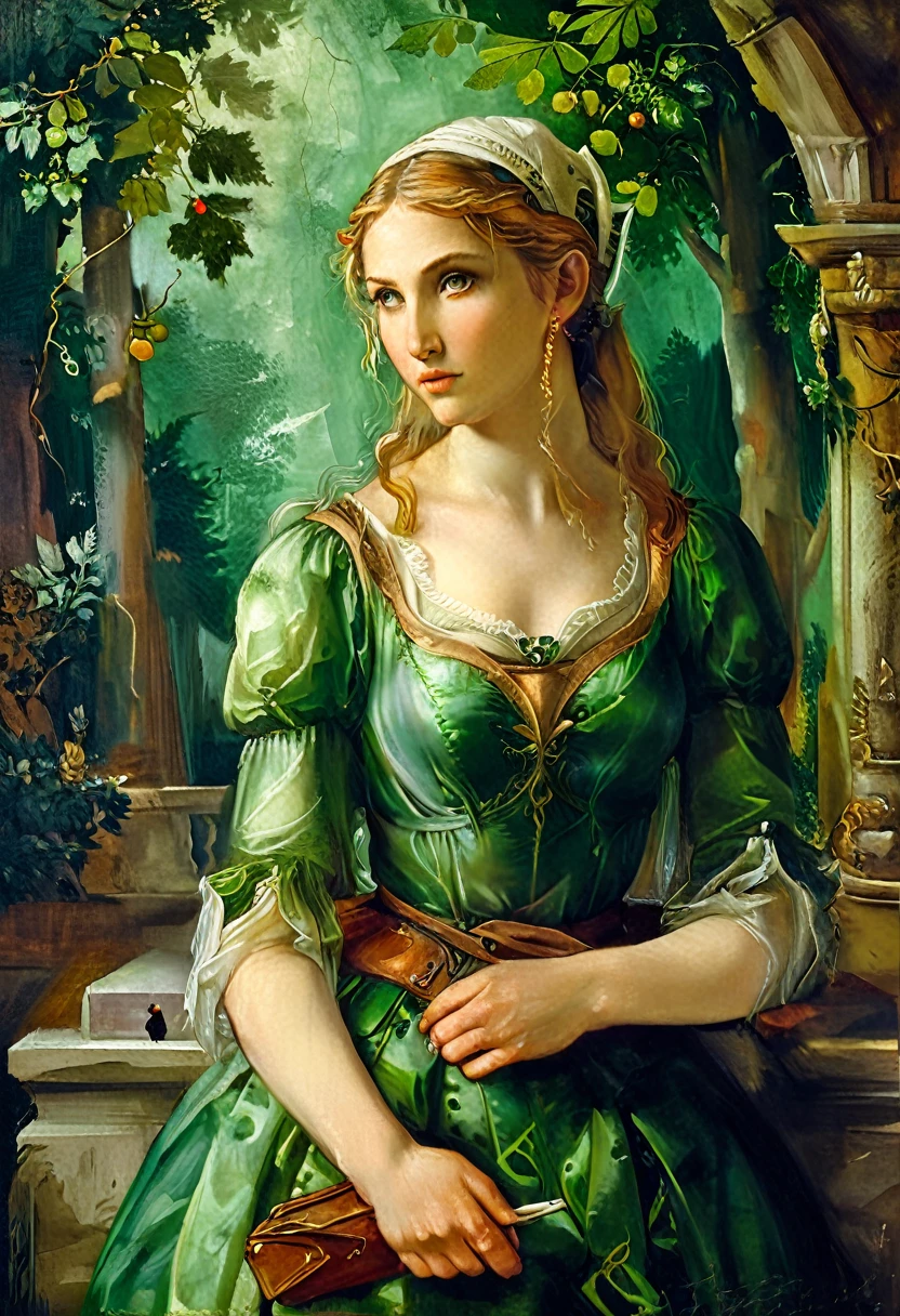 aa masterful best quality, award winning masterpiece, oil painting portrait done by Michelangelo of Princess Zelda, ((anatomically correct: 1.5)), small pointed ears, wearing intricate glamour green elven dress, elven forest background background, Ultra-high resolution, High Contrast, (masterpiece:1.5), highest quality, Best aesthetics), best details, best quality, highres, 16k, [ultra detailed], masterpiece, best quality, (extremely detailed), chumbasket art style, style of Michelangelo Buonarroti, evening dress, oil painting