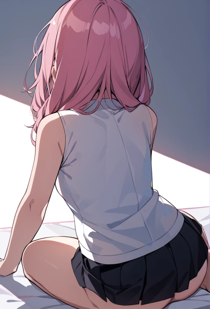 Girl, pink hair, white top and black skirt, doggy position, flush, back view