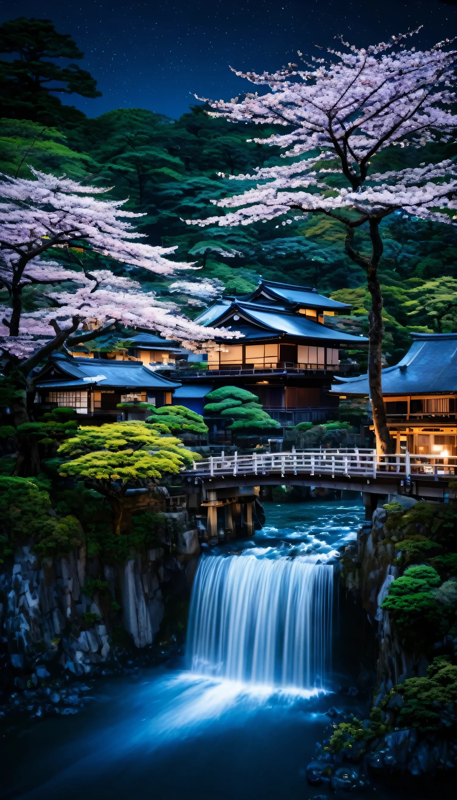 Small Japan traditional house, Blooming Sakura Trees, nature, Ultra realistic , night time , Sakura Tree Blooming Forest , big clear water river, waterfall in a distance,ultra high resolution, intricate details, highly detailed, ultra high definition,
