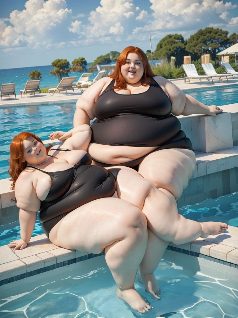 A happy travelling photo of a young redhead ssbbw with long ginger hair, very soft fat belly, very obese legs, thick fat wide legs and fat arms, huge wide butt, cute pretty face, fat breasts, in a black swimming-dress laying on a poolside