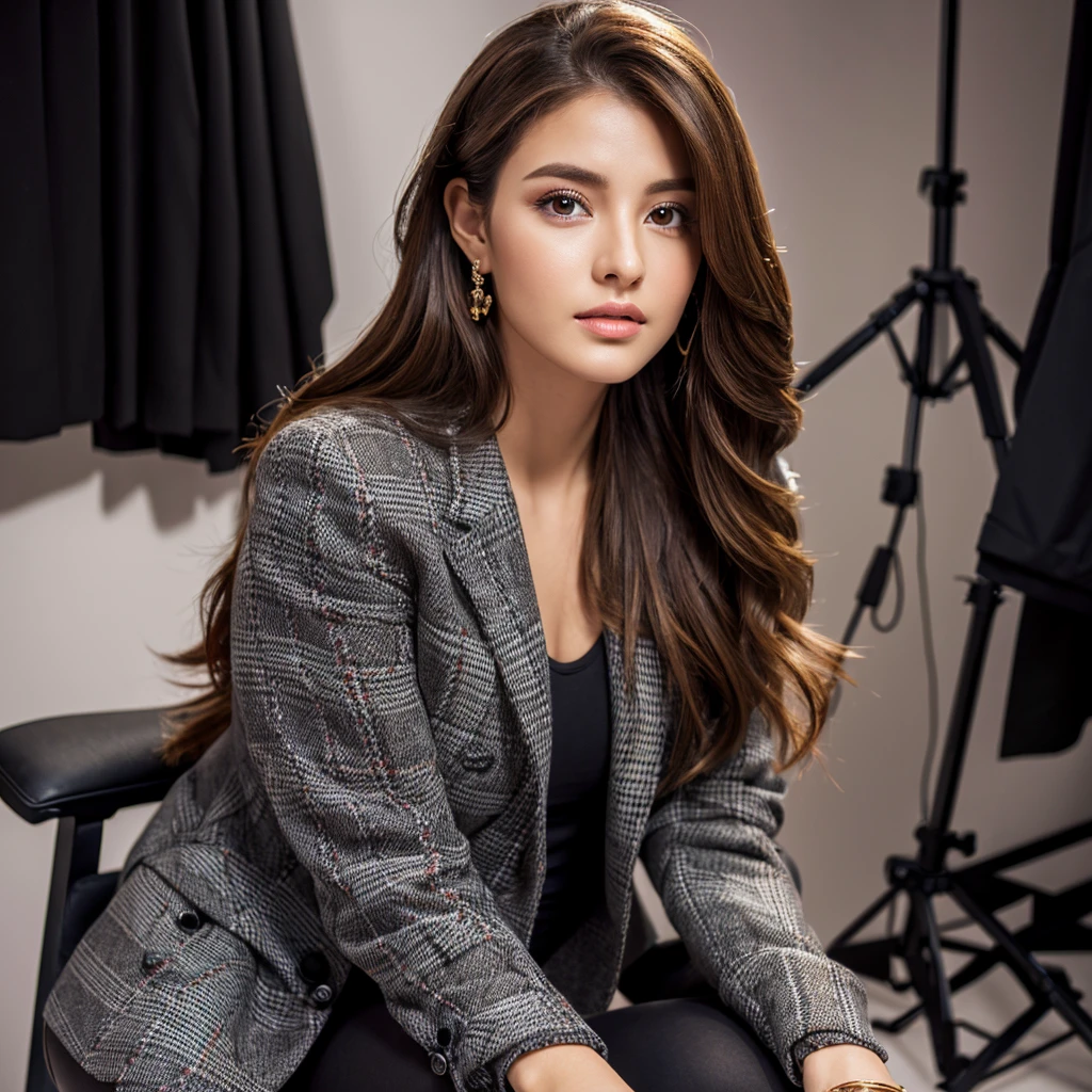 1 woman with long tied brown hair, detailed face, detailed eyes, detailed lips, beautiful, sitting on black box chair, gray blazer, black leggings, patterned boots, clothes hanging, model dressing room interior, studio lighting, best quality, 4k, 8k, highres, masterpiece:1.2, ultra-detailed, realistic, photorealistic, photo-realistic:1.37, extreme detail description, professional, vivid colors, elegant, stylish, fashion