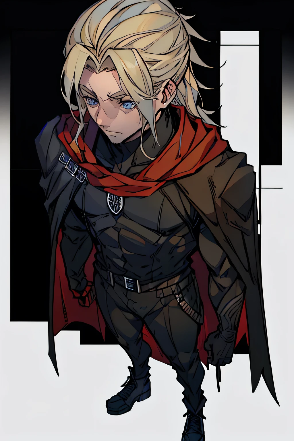 A tall man, defined body, medium blond hair combed back, blue eyes, wearing an all-black outfit, except for some red outlines and details, with a cape on the back, with the inside being red and the outside being black, homelander, homelander's clothes, full body shot, whole body