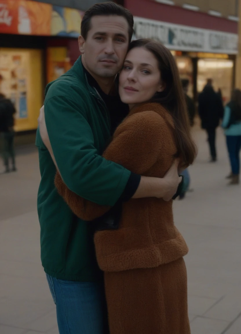 Woman of 35 hugging man of 50. She admires the man,her gaze is luminous, urban scene. medium shot.
