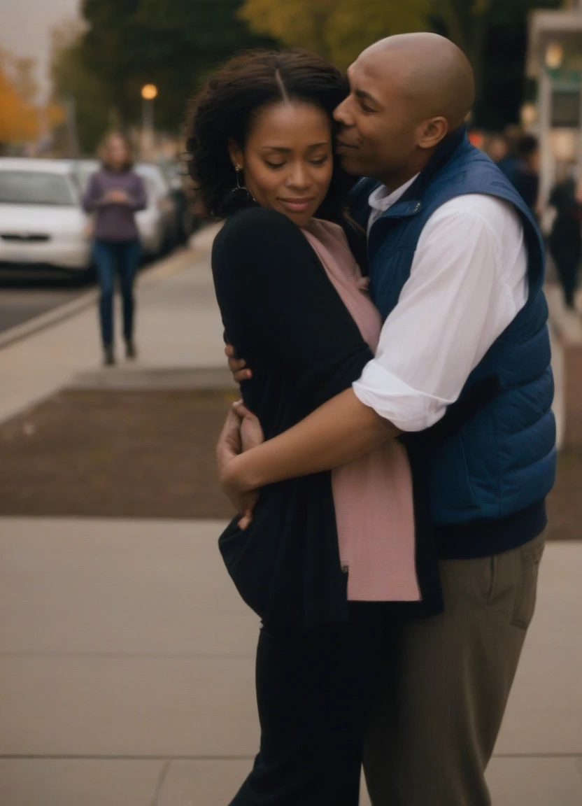 Woman of 35 hugging man of 50. She admires the man,her gaze is luminous, urban scene. medium shot.