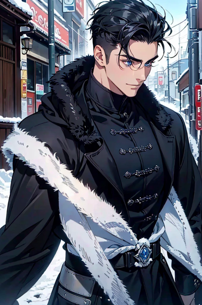 Masterpiece, Highest quality, Heavy snow, Cold Weather, realistic, 1 person, mature man, A quiet and charming young man, 30 years old, smile, gag, Portrait, Highly detailed face, 寒さとsmile, ((blue eyes)), ((black short hair)), [Thick eyebrows], dark palace, ((black long coat)), ((all black)), (blue eyes) ,Short Black Quiff Hair with Soft Fringe, Black hair tied in a low bun, shaved on the sides, hair turned to the left of the middle, handsome. , muscle, Facial expressions, Black Knight Armor , black fur shawl(Masterpiece,best quality,special, (Broad shoulders)) (muscle), male focus,anime boy gradient anime Black hair tied in a low bun, shaved on the sides, turned to the left of center. Serious face.