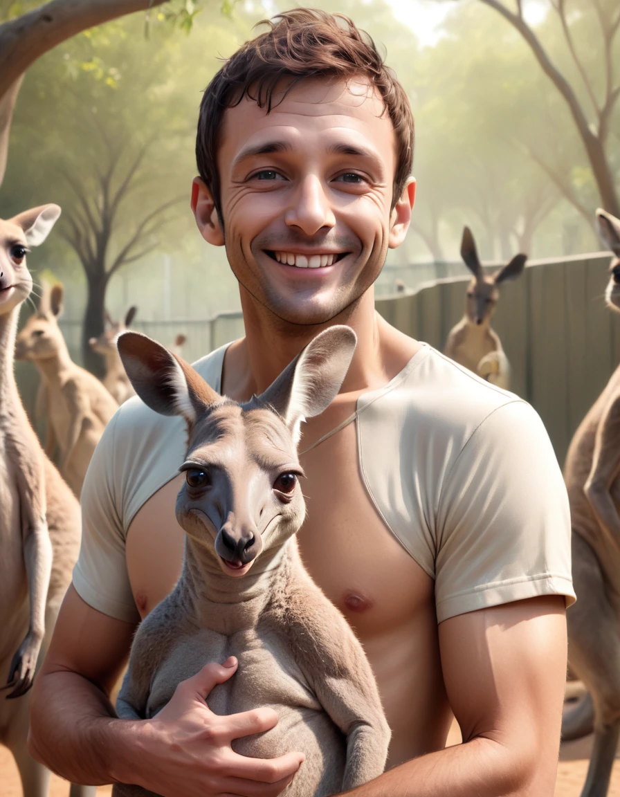 
Surrealism, 8k, super detail, UHD, masterpiece, accurate, anatomically correct, textured skin, super detail, high details, high quality, award winning, best quality, highres
"Create an image of a man who loves kangaroos. He has a shy smile. The background is a zoo."
