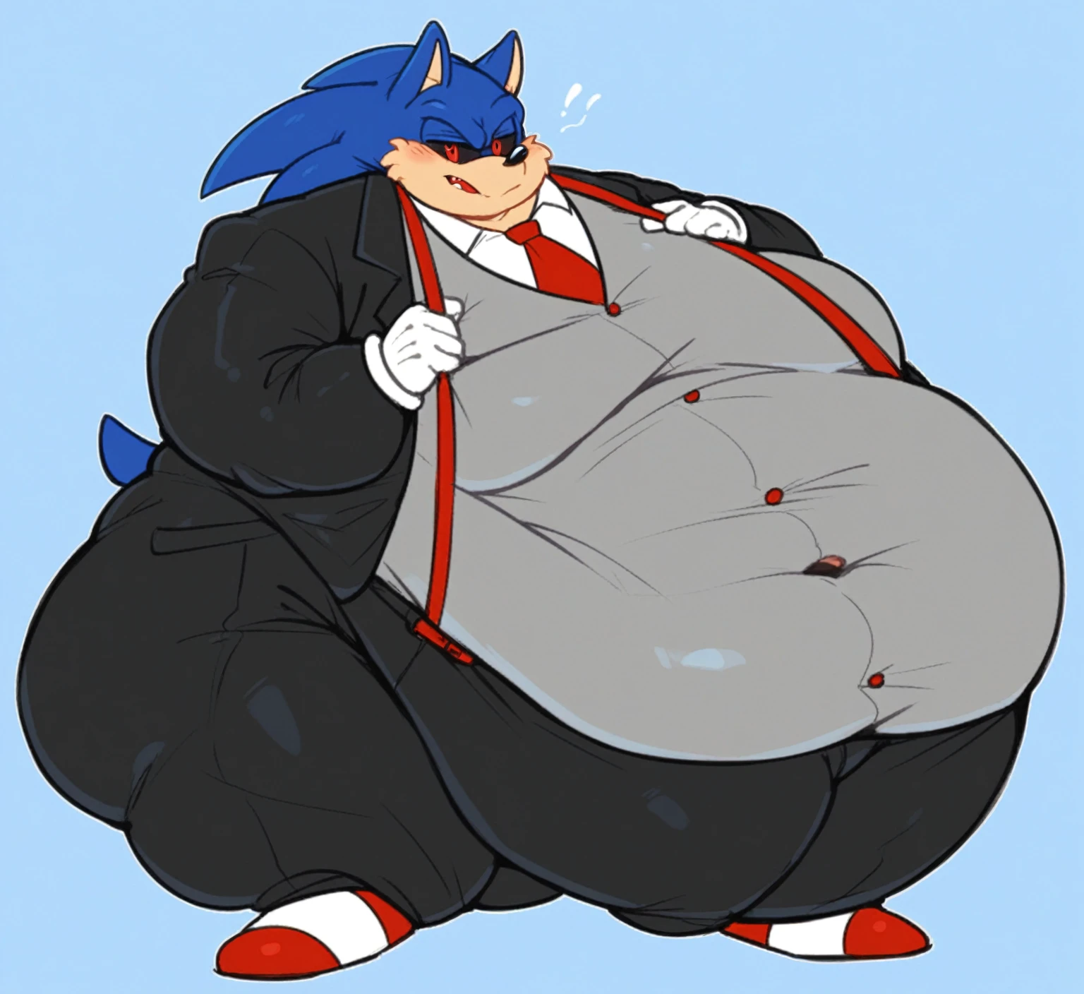 by hioshiru, by null-ghost, by darkgem, by edjit, by honovy, 
 fox, ((fat, overhang solo)), (standing, navel), ((wearing shorts)), ((thick thighs)), male, grabbing belly, Masterpiecev10, (five fingers), sonic oc, red eyes, black sclera, white hedgehog spike tips