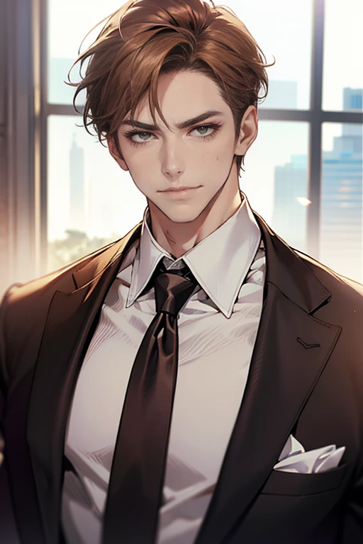 (tmasterpiece, high resolution, ultra - detailed:1.0), (1 male, masculine face, 31 years, CEO), Perfect male body, tall and strong, Adult male, Delicate eyes and delicate face, Extremely detailed CG, Unity 8k wallpaper, Complicated details, Detailed face, (short brown hair, short  hair, smile in love faces, blur eyes, white shirts,), (frown, smile in love:1.3), stad in corporativo, empresa, escritório style, color difference, Depth of field, dramatic shadow, Ray tracing, Best quality, Cinematic lighting, offcial art,Portrait