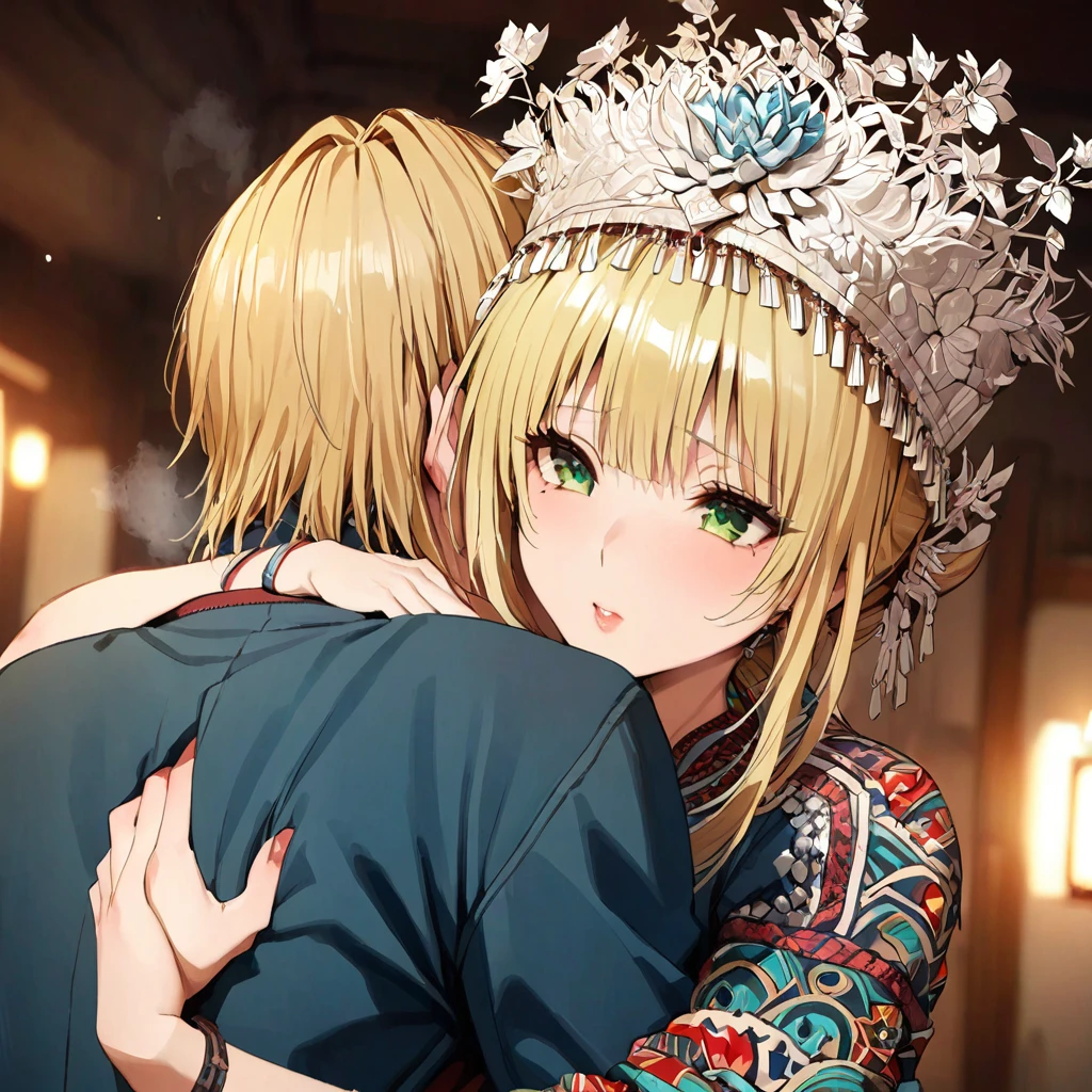 ((Highest quality)), ((masterpiece)), (detailed), （Perfect Face）、The woman is a Tier, with green eyes, medium blonde hair, ethnic medicine and a gorgeous hat.、A woman is hugging and kissing a man