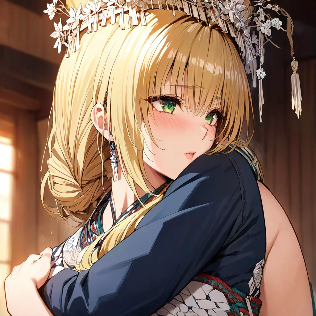 ((Highest quality)), ((masterpiece)), (detailed), (Perfect Face)、The woman is a Tier, with green eyes, medium blonde hair, ethnic medicine and a gorgeous hat.、A woman is hugging and kissing a man