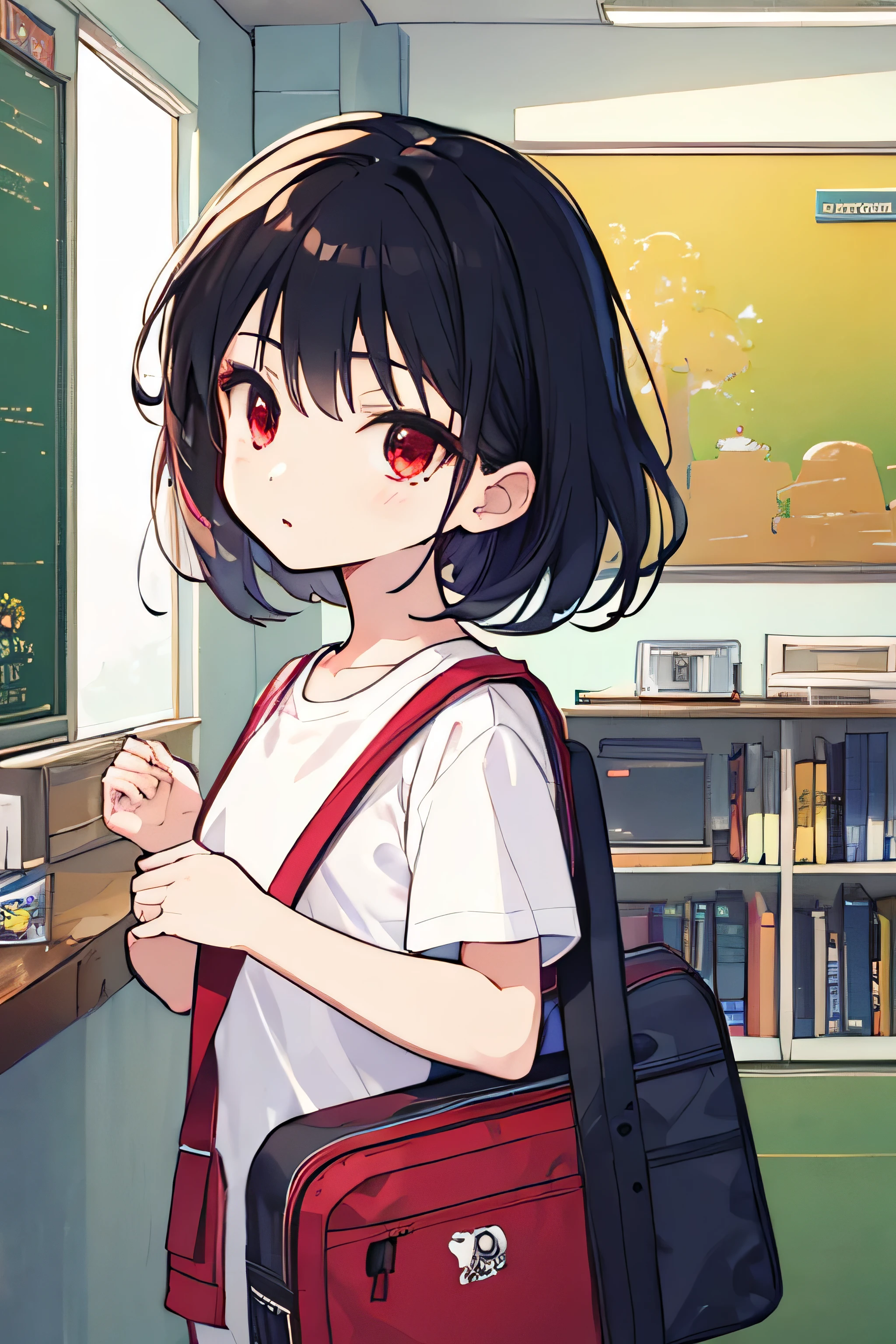 ((best quality)), ((masterpiece)), (detailed), 1girl, ,8-year-old,Red School Bag,Primary school students,Black Hair,Red eyes,anime,White T-shirt