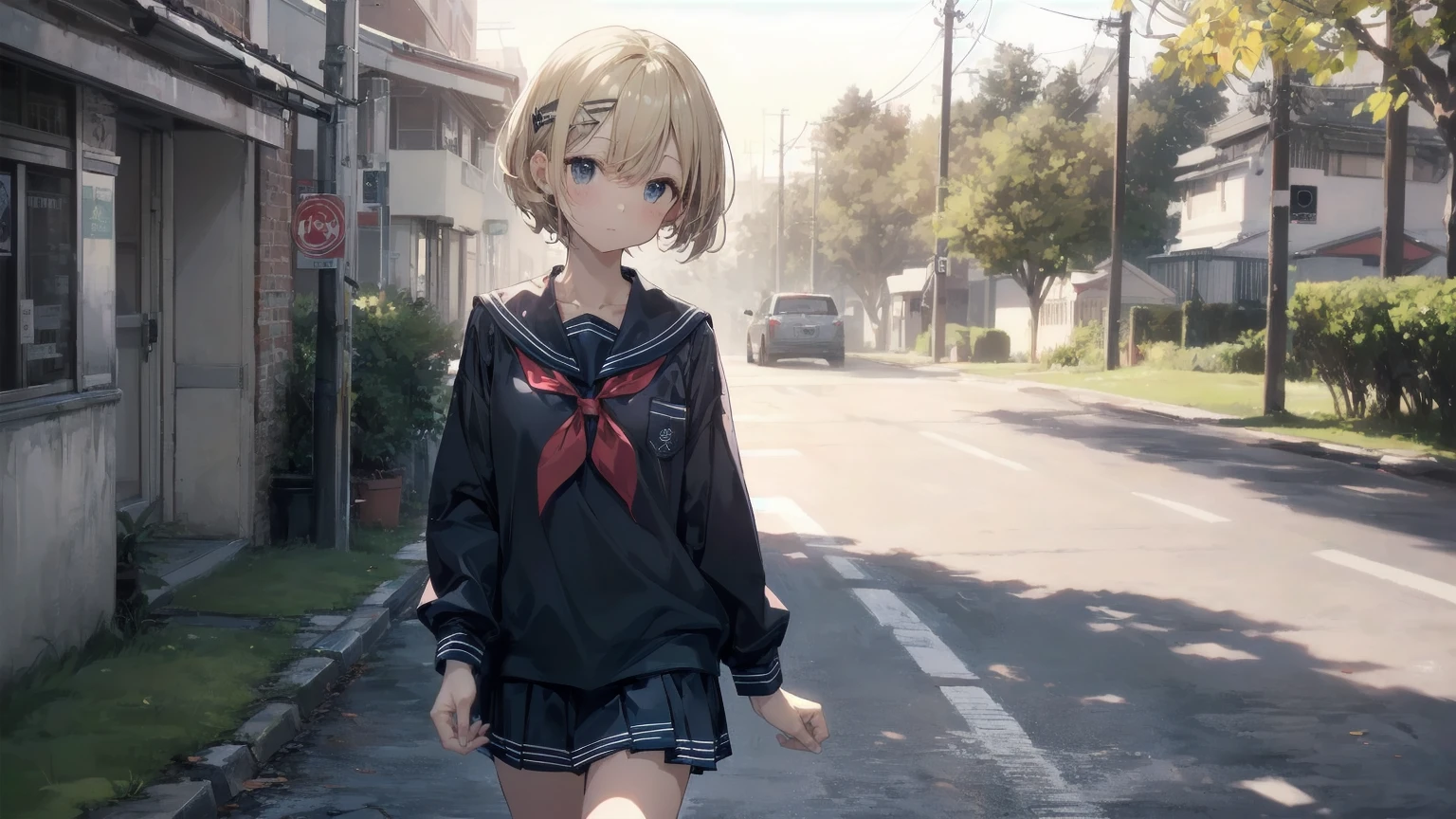 Highest quality, Anime Moe Art Style,Best Anime 8K Konachan Wallpaper,pixiv contest winners,Perfect Anatomy, (Please draw a girl walking sleepily to school...... ),break, 1 Girl, (alone,,,13 years old:1.3),high school student, short hair, amount, (Hair above one eye:1.7),All limbs, Full Finger,Medium Chest, Between the legs, Small eyes,accurate black eyes, Hair Clip, (Sailor suit:1.5),(school uniform:1.5) skirt,On the way to school. break,Very detailed,High resolution,ultra high density skin, Professional Lighting,8K eye detail, (Cute illustrations:1.2),blonde,blonde hair,Expressionless,(Hair on one eye:1.5),Sailor suit