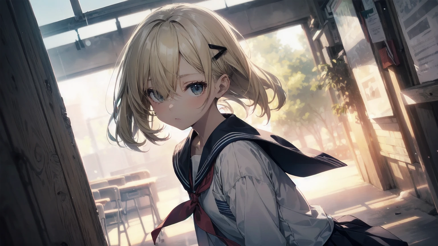 Highest quality, Anime Moe Art Style,Best Anime 8K Konachan Wallpaper,pixiv contest winners,Perfect Anatomy, (Please draw a girl walking sleepily to school...... ),break, 1 Girl, (alone,,,13 years old:1.3),high school student, short hair, amount, (Hair above one eye:1.7),All limbs, Full Finger,Medium Chest, Between the legs, Small eyes,accurate black eyes, Hair Clip, (Sailor suit:1.5),(school uniform:1.5) skirt,On the way to school. break,Very detailed,High resolution,ultra high density skin, Professional Lighting,8K eye detail, (Cute illustrations:1.2),blonde，blonde hair，Expressionless，(Hair on one eye:1.5)，Sailor suit