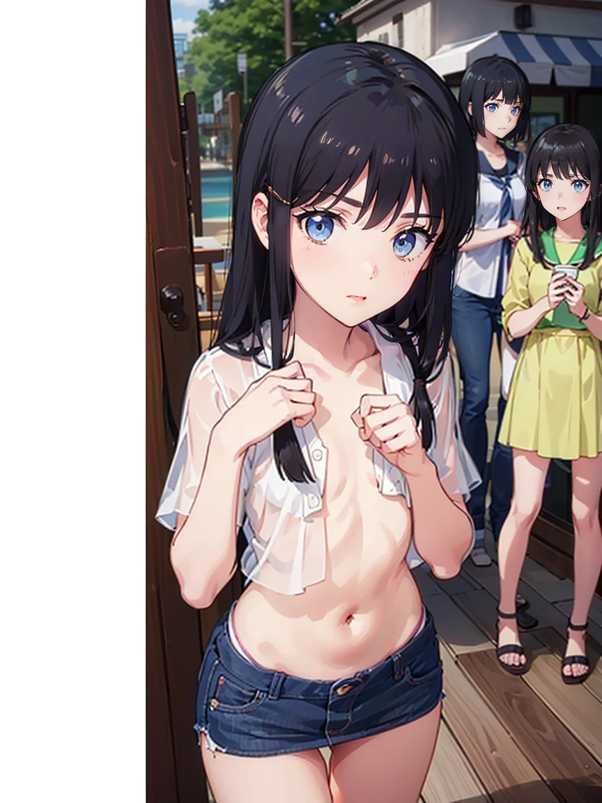 (((High resolution:1.5))), (((Very detailedな:1.5))), (((Three Girls:1.3))),((7Head to Body:1.3))、 (((beach,Outdoor、Midday light background)))、(((Happy expression))), (((smile:1.5)))、(((Beautiful and detailed eyes:1.3))), (((Very detailed))), (((Details face:1.5))), break ,sunny,(((Very delicate body:1.3)))、(((Very flat chest:1.5)))、((Small waist))、((thigh gap:1.3))、Friendly atmosphere、(from side:1.2),((((Unique hairstyles:1.5))),Sailor high leg bikini, High , White blouse, belly button, squat, mini skirt, White underwear