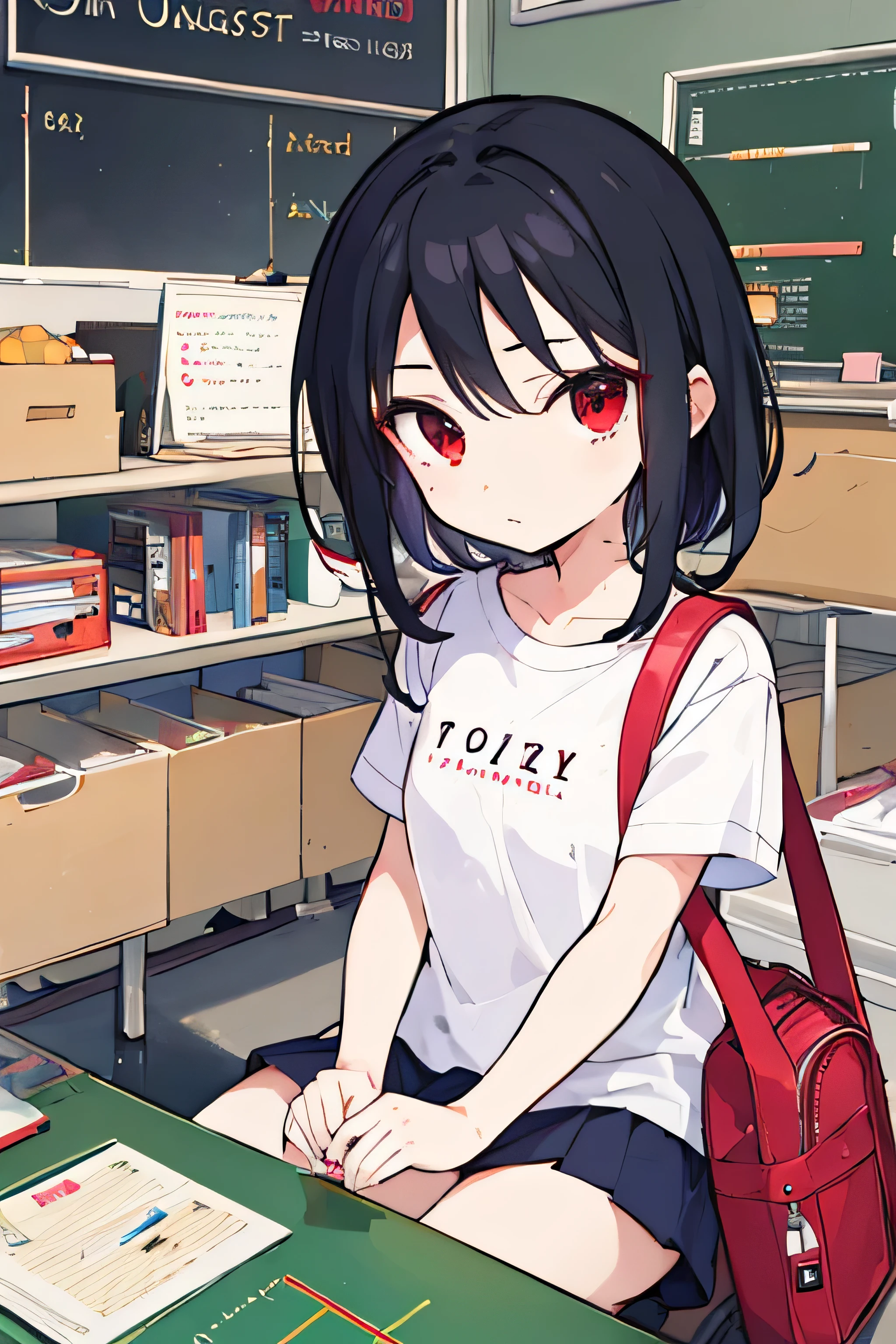 ((best quality)), ((masterpiece)), (detailed), 1girl, ,8-year-old,Red School Bag,Primary school students,Black Hair,Red eyes,anime,White T-shirt