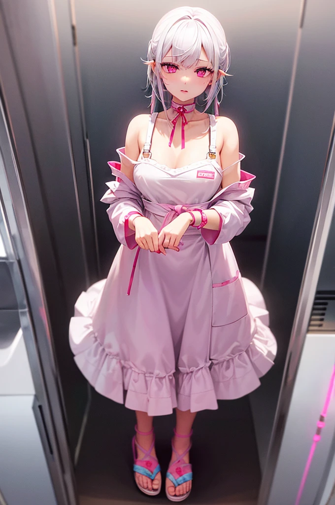 Female 1 person、whole body、In the hospital、Hot Nurse、Silver Hair、Wearing a white apron with pink details、Open Apron、No underwear、No bra、Showing her breasts、Showing her pussy、Small pubic hair、Pink pubic hair、Skin: Slightly pinkish white、Beautiful Lips、Perfect Mouth、Pink Eyes、Wearing red sandals、Perfect little feet、Pink painted nails、With a clipboard in one hand（Long nails and roses）、In the other hand he holds a syringe、The appearance of orgasm、Her pussy dripping with clear fluid。