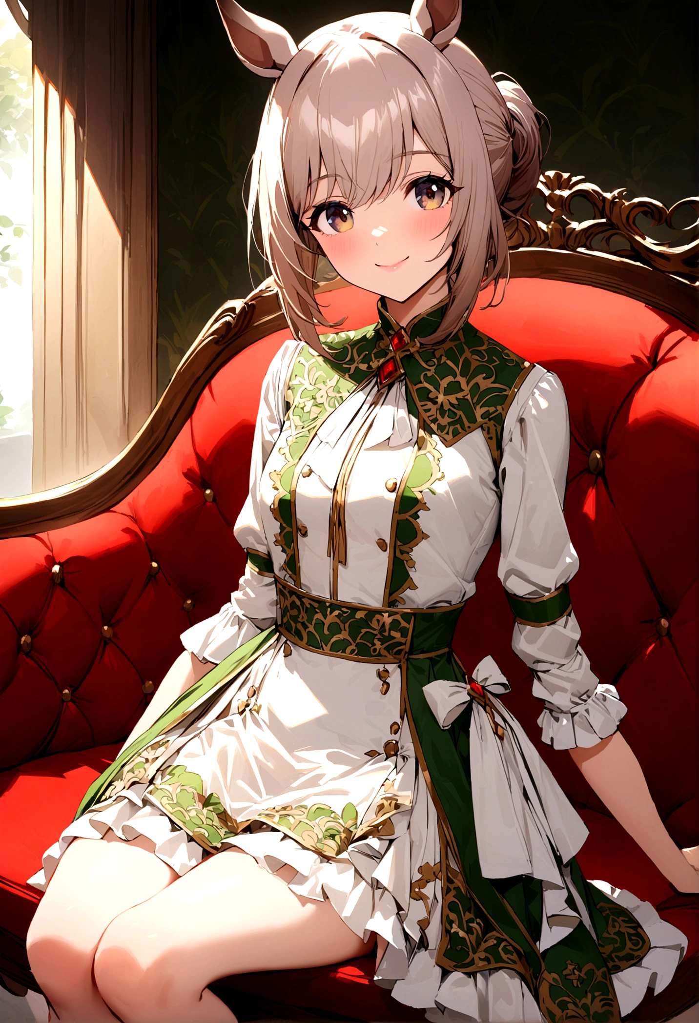 (((Horse Girl))), (((Fine Motion))), sitting on a luxurious red sofa, smile, A young lady-like outfit with white as the base and green embroidery, , High resolution, 