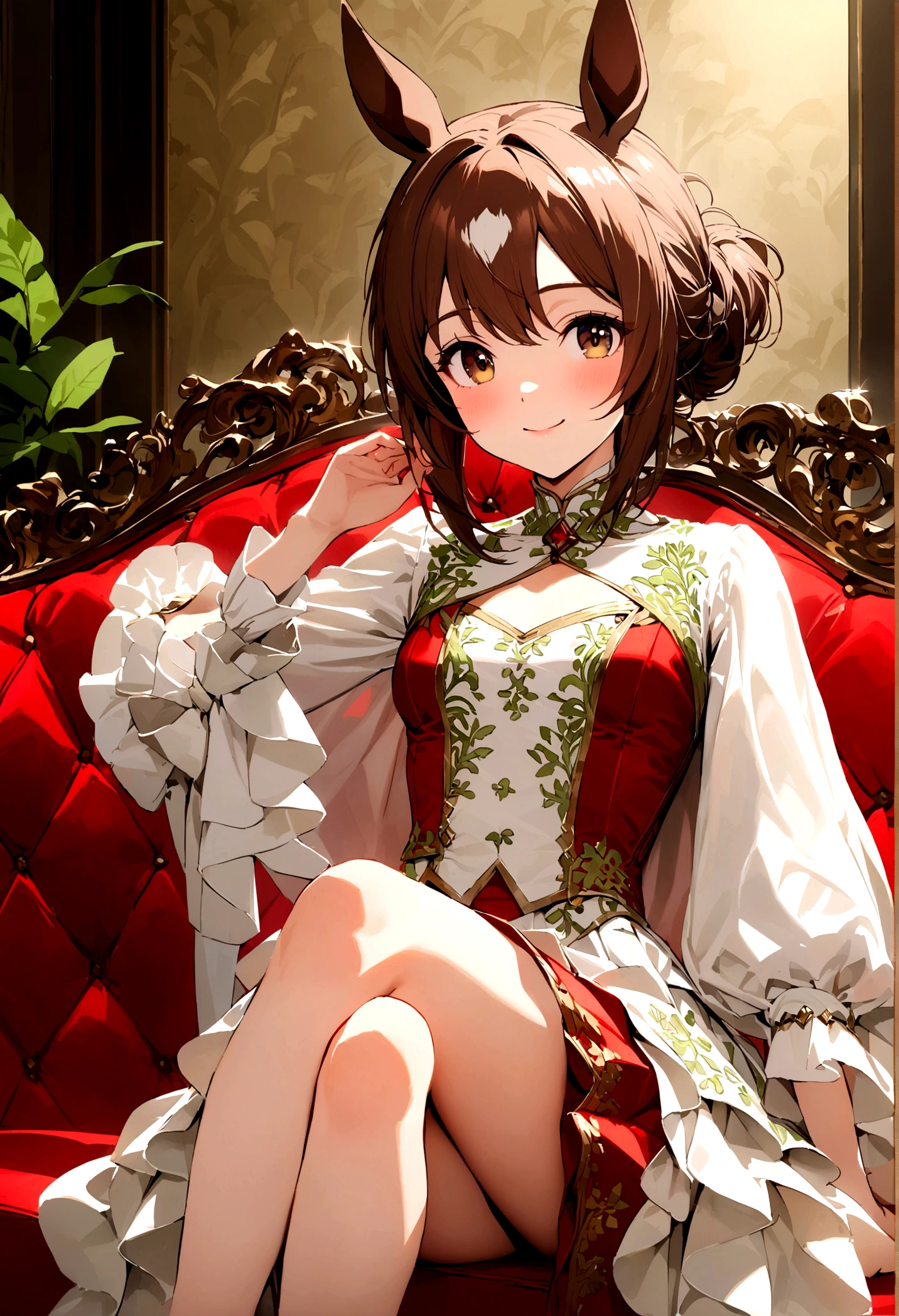 (((Horse Girl))), (((Fine Motion))), sitting on a luxurious red sofa, smile, A young lady-like outfit with white as the base and green embroidery, , High resolution,