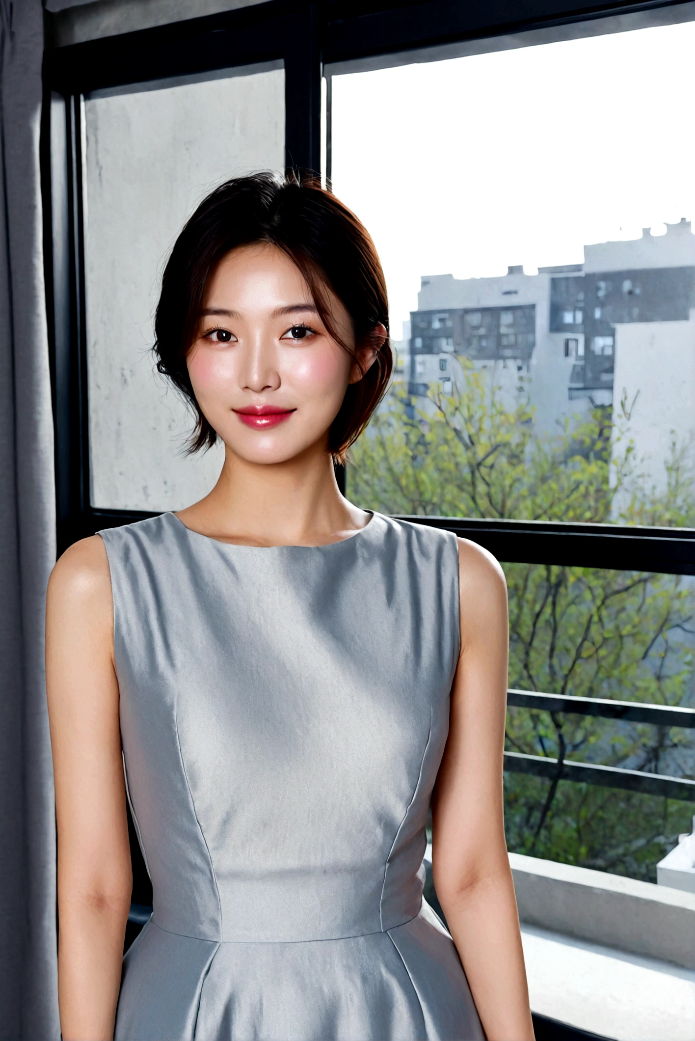 Beautiful Korean Woman , 32 inch chest size, Your eyes are big and pretty. Standing by the window in the living room of a luxury apartment. short medium hair, Smile, uhd