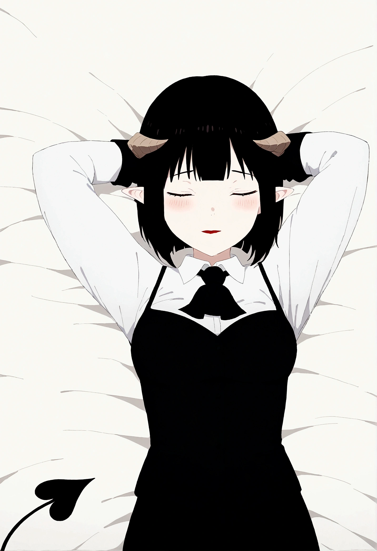 brunette skin,work of art, best qualityer, high resolution, 1girl horns short hair demon tail, white shirt black ascot black gloves black pants black vest lying on your back, sheet, ,blushed,face red,Hands behind the head,tired,sleeping,eyes locked,ssmile,shy