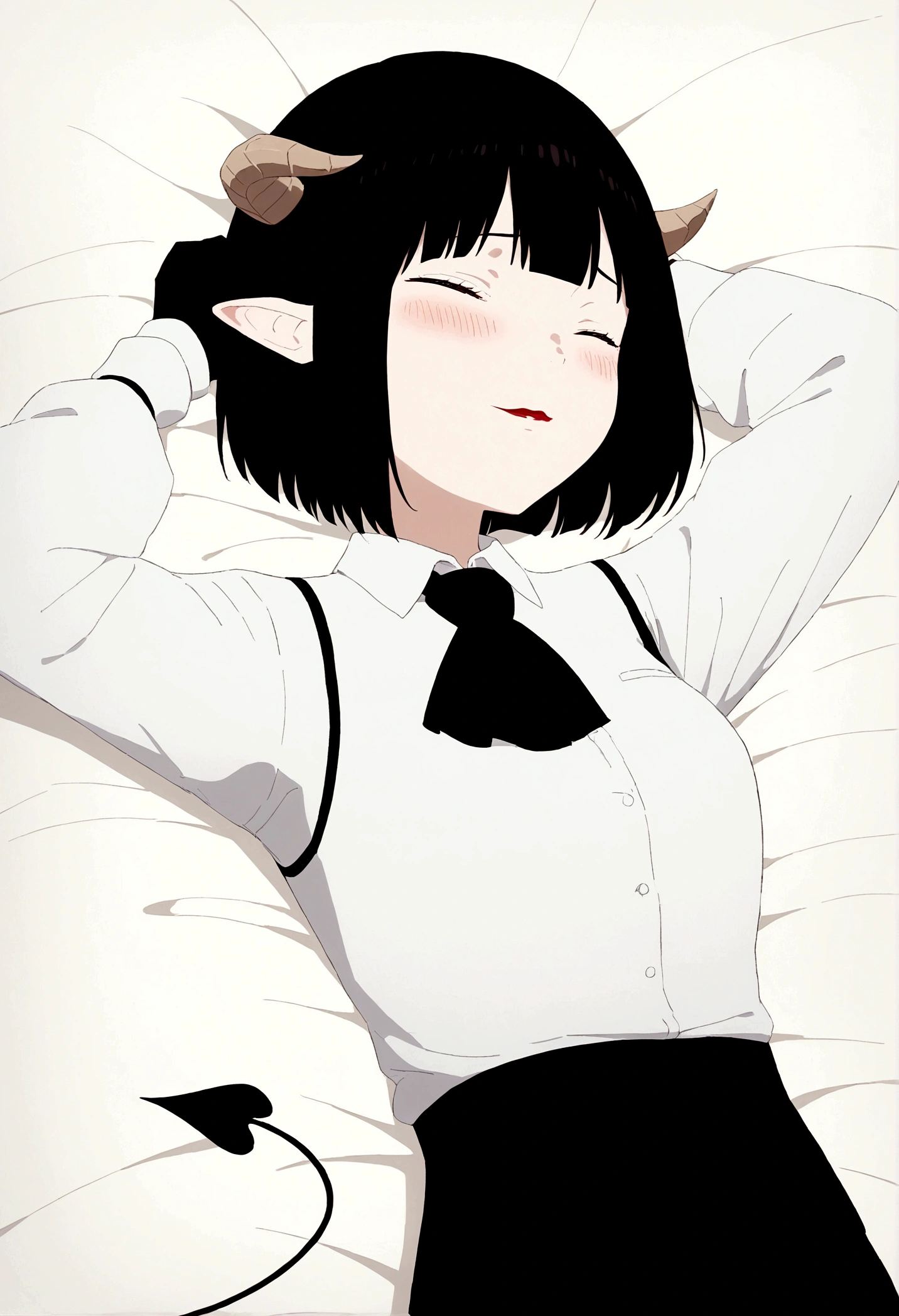 brunette skin,work of art, best qualityer, high resolution, 1girl horns short hair demon tail, white shirt black ascot black gloves black pants black vest lying on your back, sheet, ,blushed,face red,Hands behind the head,tired,sleeping,eyes locked,ssmile,shy