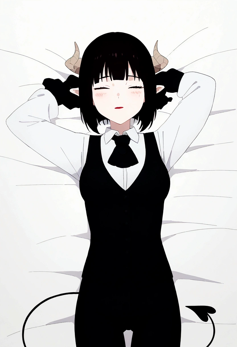 brunette skin,work of art, best qualityer, high resolution, 1girl horns short hair demon tail, white shirt black ascot black gloves black pants black vest lying on your back, sheet, ,blushed,face red,Hands behind the head,tired,sleeping,eyes locked,ssmile,shy
