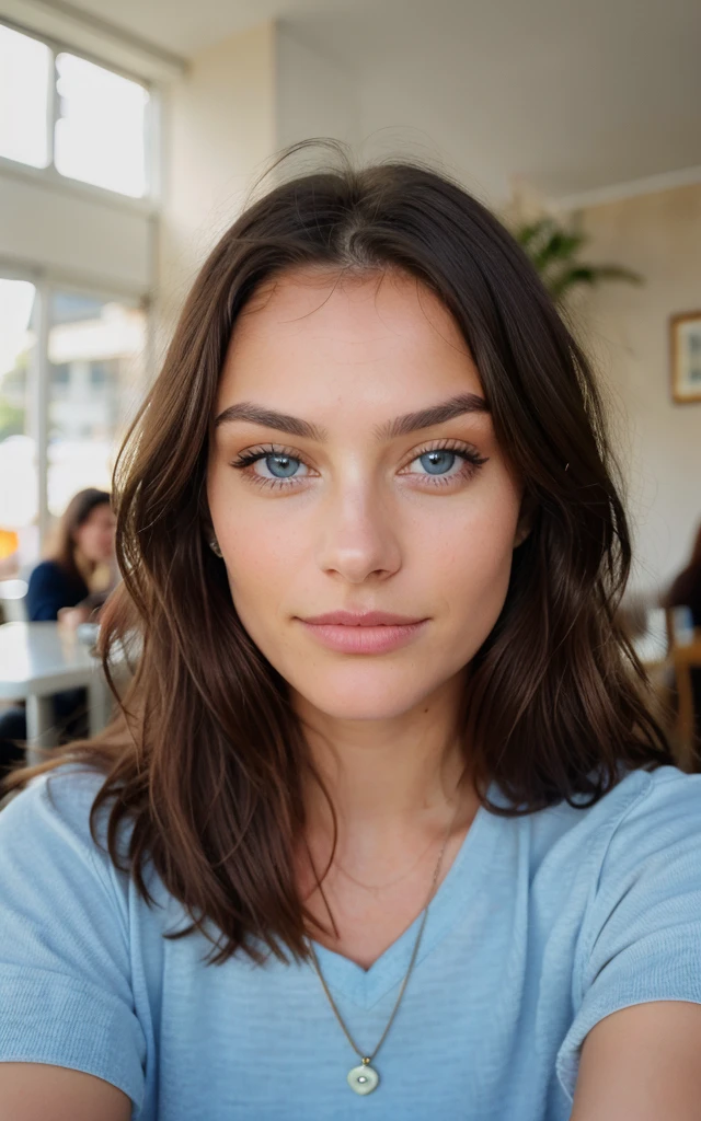 Belle brune portant un pull bleu (in a modern cafe at sunset), very detailede, 21 ans, Visage innocent, natural wavy hair, blue eyes, high resolution, masterpiece, better quality, intricate details, very detailed, mise au point nette, detailed skin, texture de peau realistic, texture, detailed eyes, professionnel, 4K, charming smile, filmed in Canon, 85 millimeters, shallow depth of field, Kodak Vision Color, corps parfaitement ajusté, extremely detailed, Photograph_\(ultra\), photorealistic, realistic, Post-traitement, Maximum details, roughness, real life, ultra realistic, photorealism, photographie, 8k uh, photographie, sexly, flirts with the camera, regarde sexly, regard directement la camera, open face,