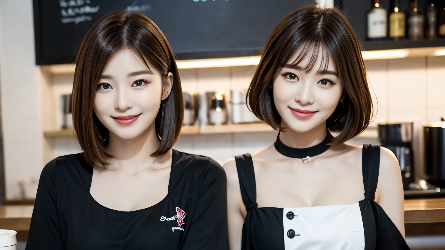 Stylish and beautiful Korean women、White and beautiful skin、low length、Brown Hair、Bob Cut Hair、Reddish brown eyes、Slanted Eyes、Thin eyebrows、Thick lips、smile、Flashy clothes、Fashion Model、Background of the café、