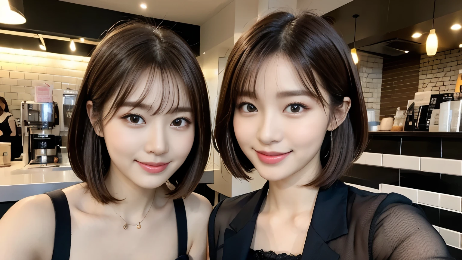 Stylish and beautiful Korean women、White and beautiful skin、low length、Brown Hair、Bob Cut Hair、Reddish brown eyes、Slanted Eyes、Thin eyebrows、Thick lips、smile、Flashy clothes、Fashion Model、Background of the café、