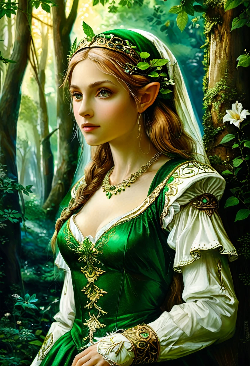 a masterful best quality, award winning masterpiece, portrait done by Raphael of Princess Zelda, ((anatomically correct: 1.5)), wearing intricate glamour green and white elven dress, elven forest background background, Ultra-high resolution, High Contrast, (masterpiece:1.5), highest quality, Best aesthetics), best details, best quality, highres, 16k, [ultra detailed], masterpiece, best quality, (extremely detailed), chumbasket art style, style of Raphael , evening dress