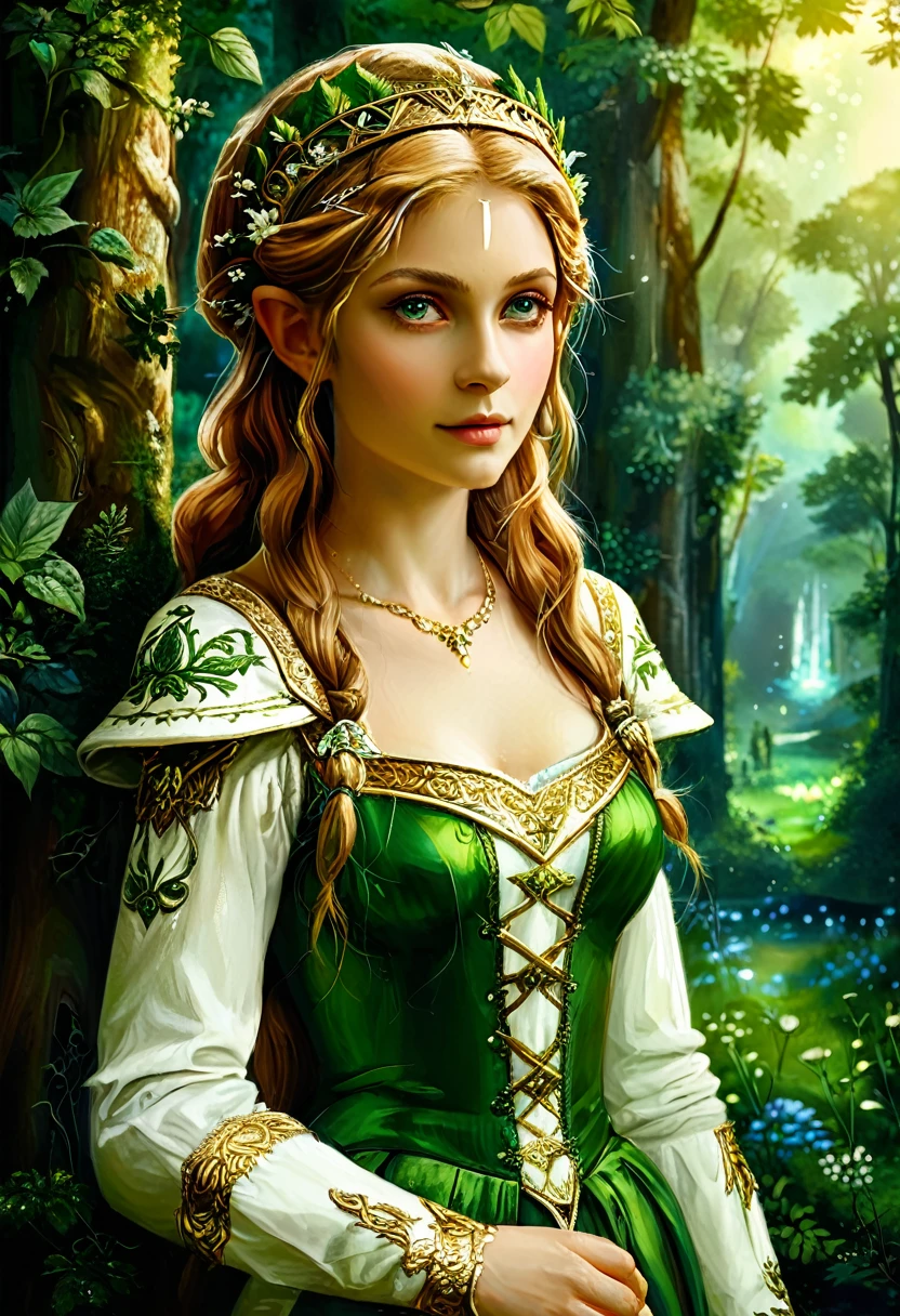 a masterful best quality, award winning masterpiece, portrait done by Raphael of Princess Zelda, ((anatomically correct: 1.5)), wearing intricate glamour green and white elven dress, elven forest background background, Ultra-high resolution, High Contrast, (masterpiece:1.5), highest quality, Best aesthetics), best details, best quality, highres, 16k, [ultra detailed], masterpiece, best quality, (extremely detailed), chumbasket art style, style of Raphael , evening dress