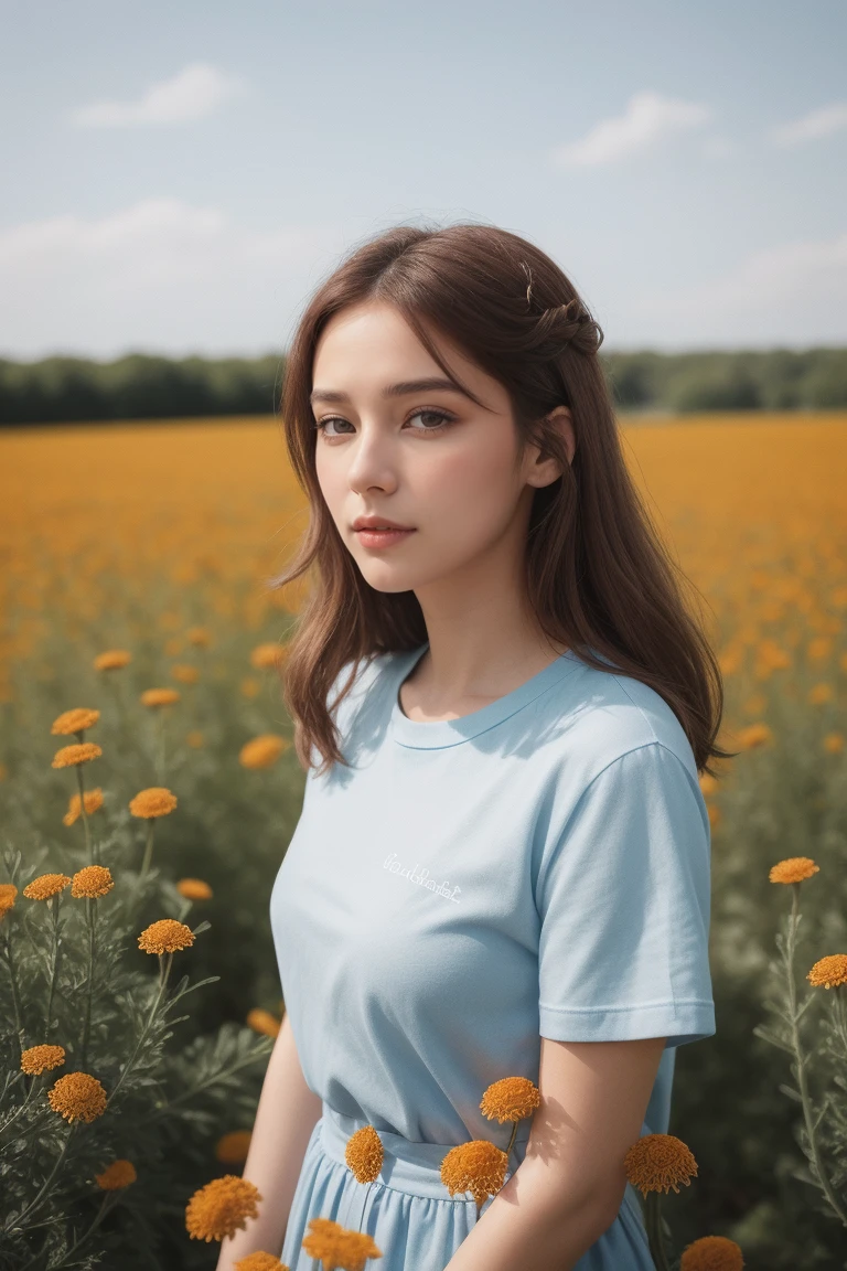 (fille:1.2),seul, (longs cheveux bouclés gingembre:1.1), yeux marrons, Porter une couronne de marguerites sur la tête, Asseyez-vous dans un champ de marguerites, (corbeille de fruits:1.1), short bleu, t-shirt rouge,,brut,photographique,ombres de photos,réel,ridicule,esthétique,élégant