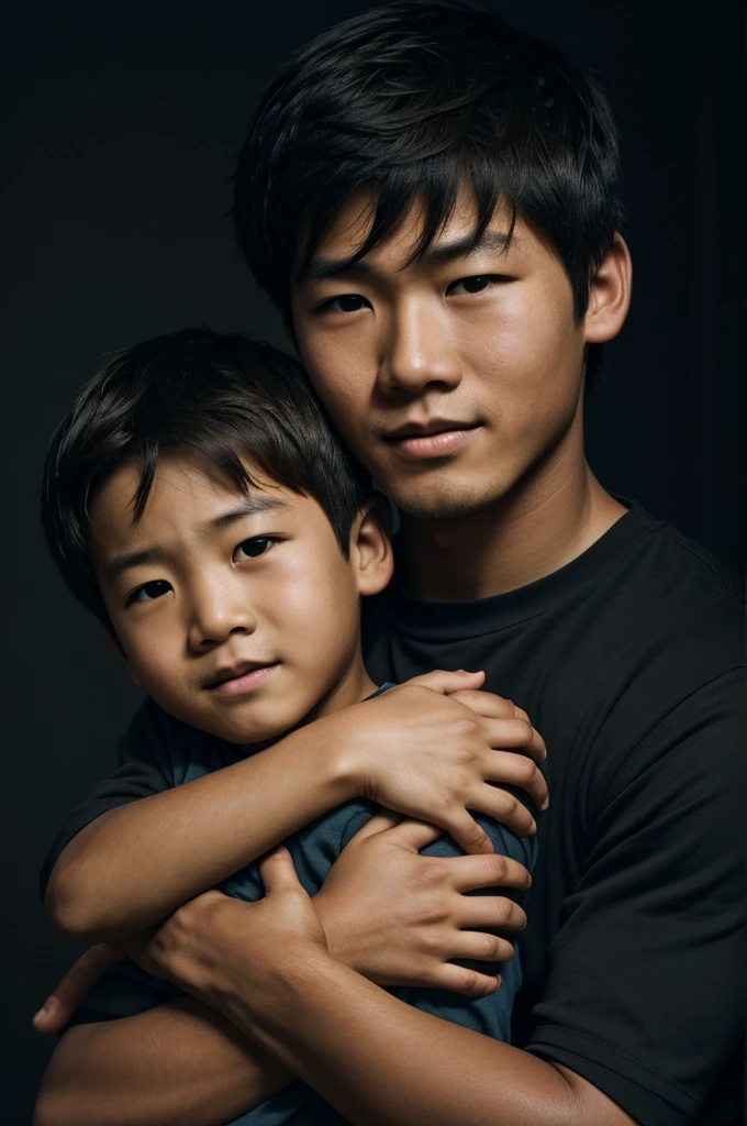 A boy who has short brown hair and looks like an East Asian, a person whose only hands are visible in the picture is holding the boy's neck and squeezing hard, the boy's face is clearly in pain, but there is no struggle. He is not seen, the image is dark and the space is dark and black.