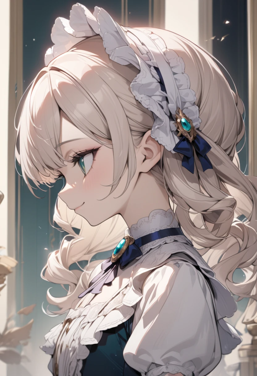 Platinum Blonde hair,sidecurls,curls,emerald green eyes,long eyelashes,(light pink victorian dress),puffy short sleeves,frilled dress,frilly wide brimmed Bonnet with bows,bustshot,masterpiece,highress,soft smile,bishoujo,peterpan collar,profile,white accents,white trim,white frills,