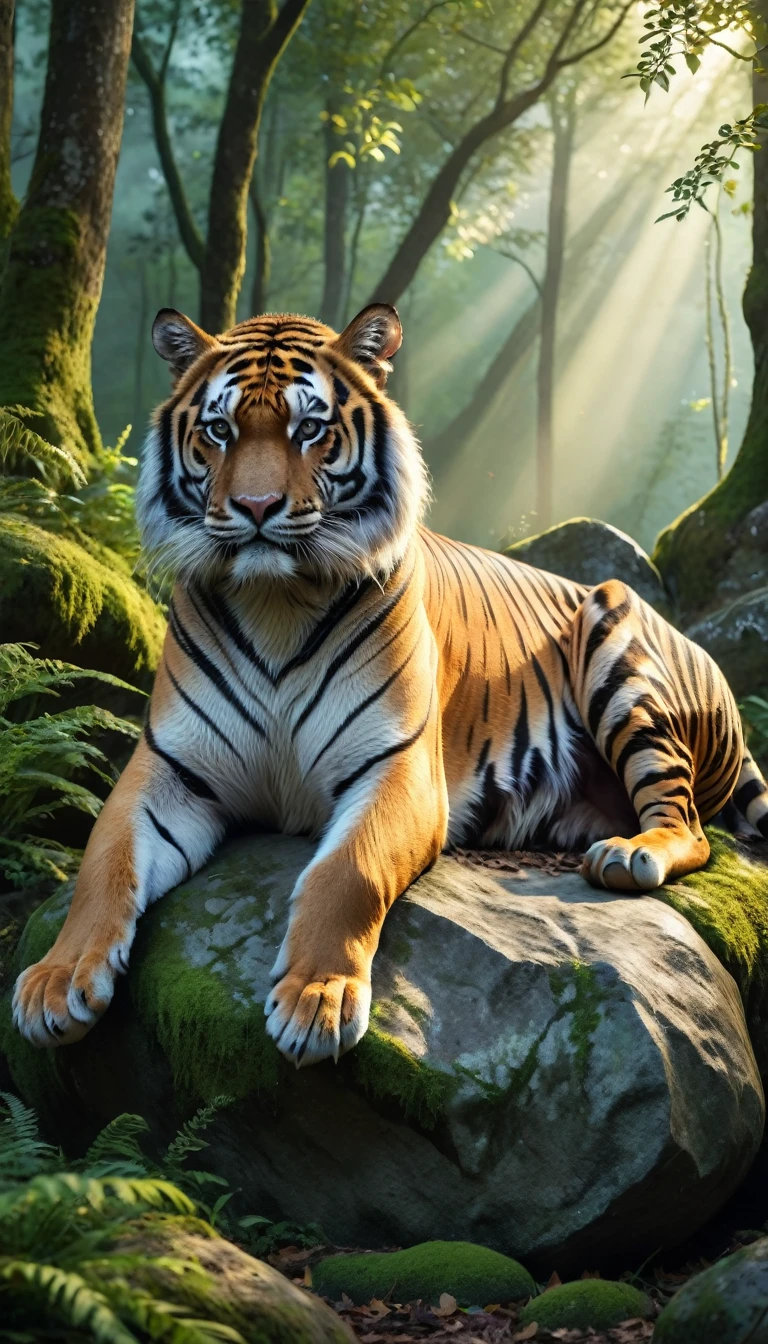 Panorama，A wild beast is sitting on a rock in the forest，The tail of the cow，The body of a tiger（best quality，4K，8K，High level，masterpiece：1.2），Ultra Detailed，（lifelike，Photo real，Photo real：1.37），Highly detailed animals，Complex patterns，Realistic lighting，Fantasy Creatures