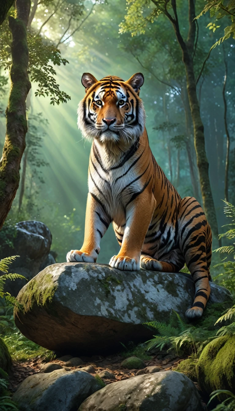 Panorama,A wild beast is sitting on a rock in the forest,The tail of the cow,The body of a tiger(best quality,4K,8K,High level,masterpiece:1.2),Ultra Detailed,(lifelike,Photo real,Photo real:1.37),Highly detailed animals,Complex patterns,Realistic lighting,Fantasy Creatures