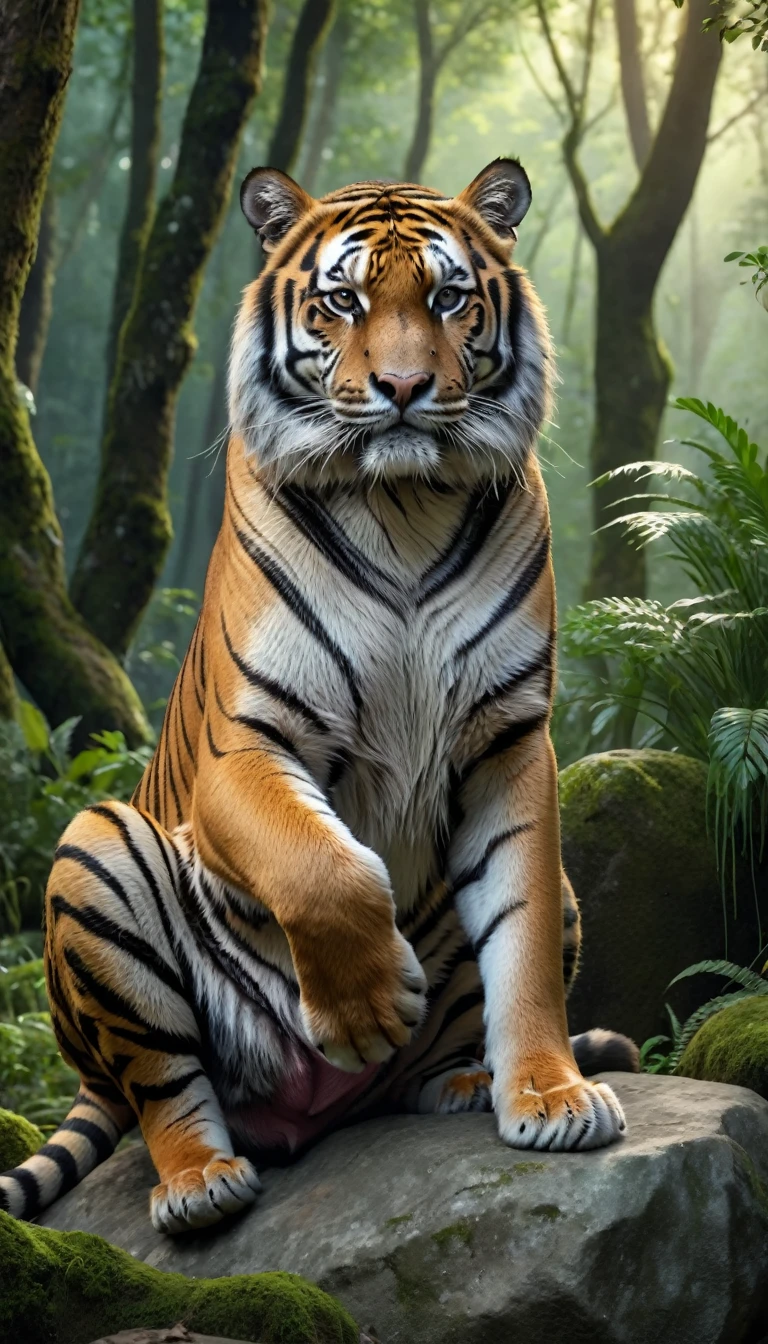 Panorama,A wild beast is sitting on a rock in the forest,The tail of the cow,The body of a tiger(best quality,4K,8K,High level,masterpiece:1.2),Ultra Detailed,(lifelike,Photo real,Photo real:1.37),Highly detailed animals,Complex patterns,Realistic lighting,Fantasy Creatures