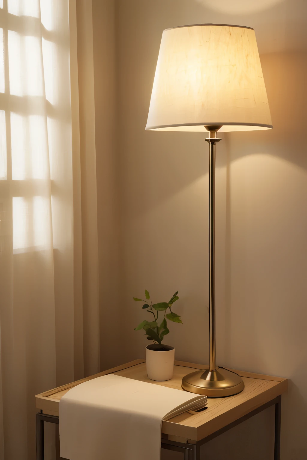 Design a lamp,The lampshade is made of paper pulp,To reflect the texture of the paper and make it transparent,Secondary material is metal,Sediment, etc.,Warm light source,Color temperature around 3000,Overall beige tone,Simplicity。