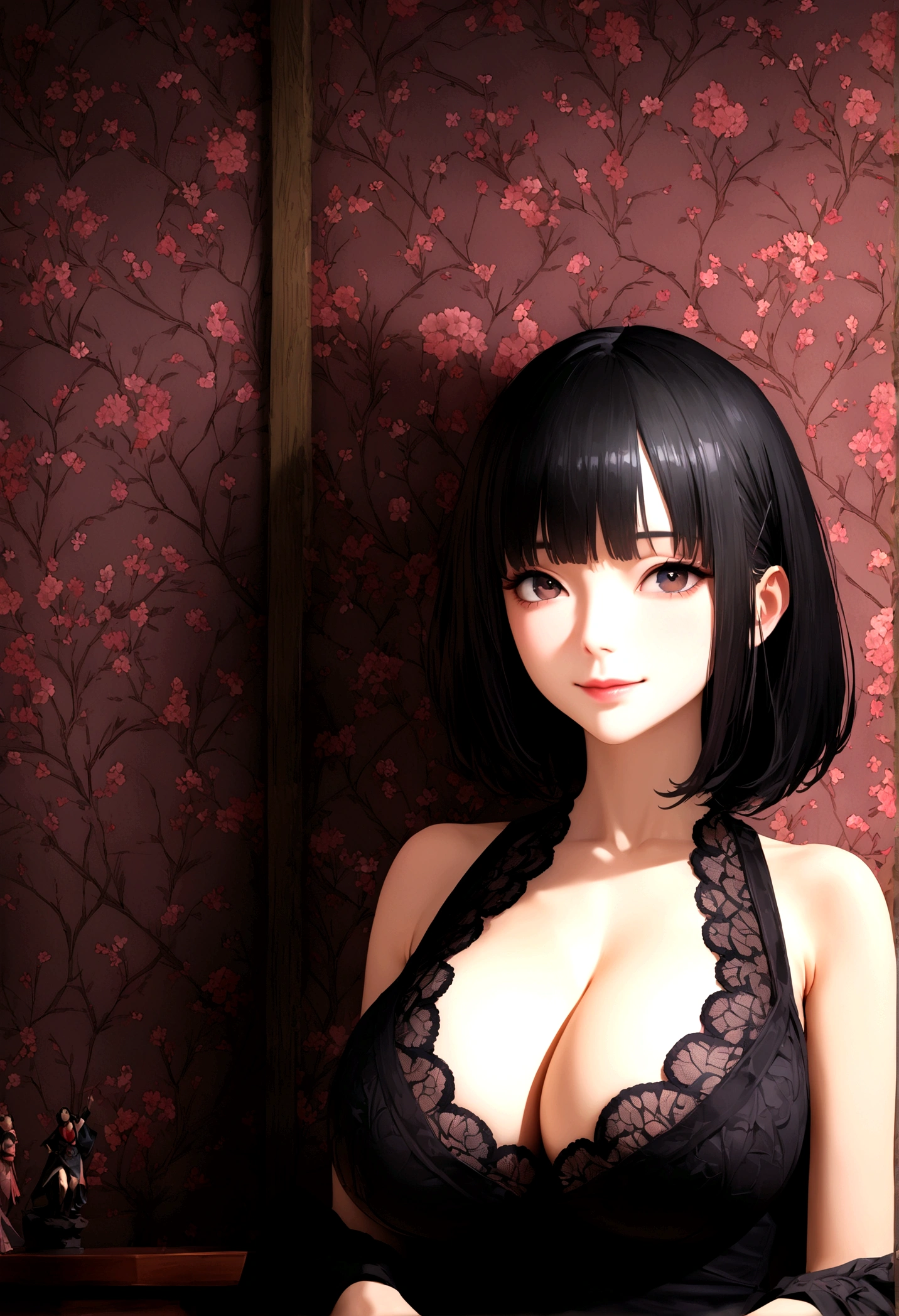 Tabletop, Highest quality, figure, Super detailed, In detail, High resolution, 8Kwallpaper, Perfect dynamic composition, beautiful細部までこだわった目,  Natural Lip, 赤いknitドレス , Big Breasts, Cleavage、knit、short hair、beautiful girl、beautifulディテールまでこだわった目、 venue、Highest quality, 超High resolution, (reality: 1.2), Cinema Lighting、(Japanese Girls)、 beautiful、beautiful肌、(Looking at the audience)、(Surreal)、(High resolution)、(8K)、(Very detailed)、(beautifulディテール)、(Very detailed)、 (wallpaper)、Detailed face、Bright lighting、Professional Lighting、smile、Highest quality、 masterpiece、超High resolution、(reality的:1.3)、RAW Photos、1 Girl、Black Hair、Glowing Skin、((Ultra-reality的 Details))、Portraiture、Global Illumination、Shadow、Octane Rendering、Ultra Sharp、Metal、Cool colors、、Very intricate detail、reality的 Light、smile