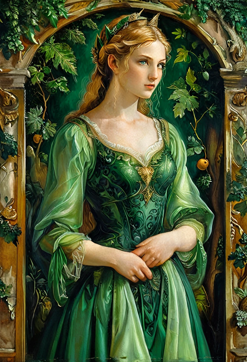 a masterful best quality, award winning masterpiece, oil painting portrait done by Michelangelo of Princess Zelda, ((anatomically correct: 1.5)), small pointed ears, wearing intricate glamour green elven dress, elven forest background background, Ultra-high resolution, High Contrast, (masterpiece:1.5), highest quality, Best aesthetics), best details, best quality, highres, 16k, [ultra detailed], masterpiece, best quality, (extremely detailed), chumbasket art style, style of Michelangelo Buonarroti, evening dress, oil painting