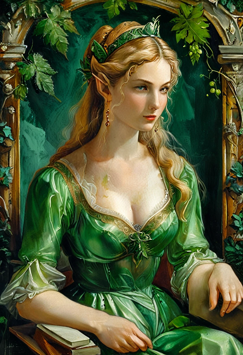 a masterful best quality, award winning masterpiece, oil painting portrait done by Michelangelo of Princess Zelda, ((anatomically correct: 1.5)), small pointed ears, wearing intricate glamour green elven dress, elven forest background background, Ultra-high resolution, High Contrast, (masterpiece:1.5), highest quality, Best aesthetics), best details, best quality, highres, 16k, [ultra detailed], masterpiece, best quality, (extremely detailed), chumbasket art style, style of Michelangelo Buonarroti, evening dress, oil painting
