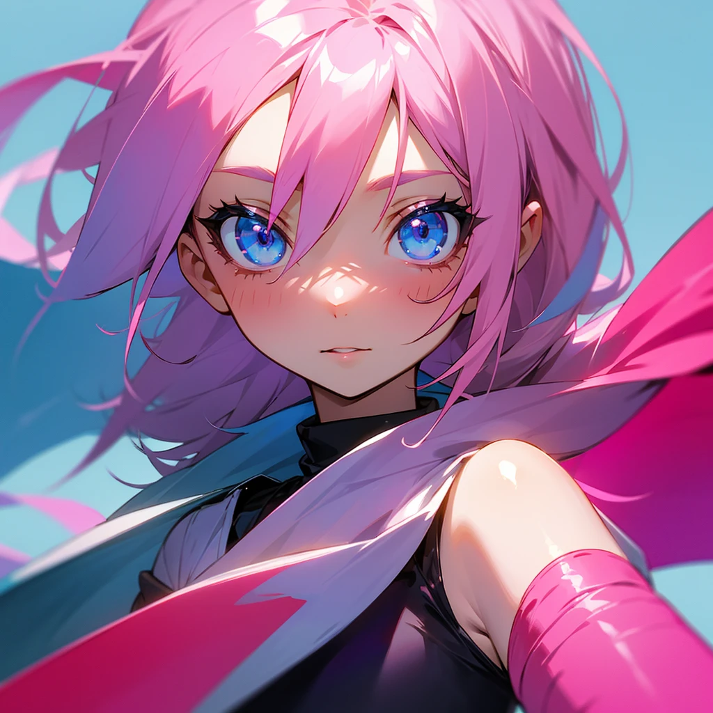 Pink haired blue eyed girl indecent with a heternal flag
