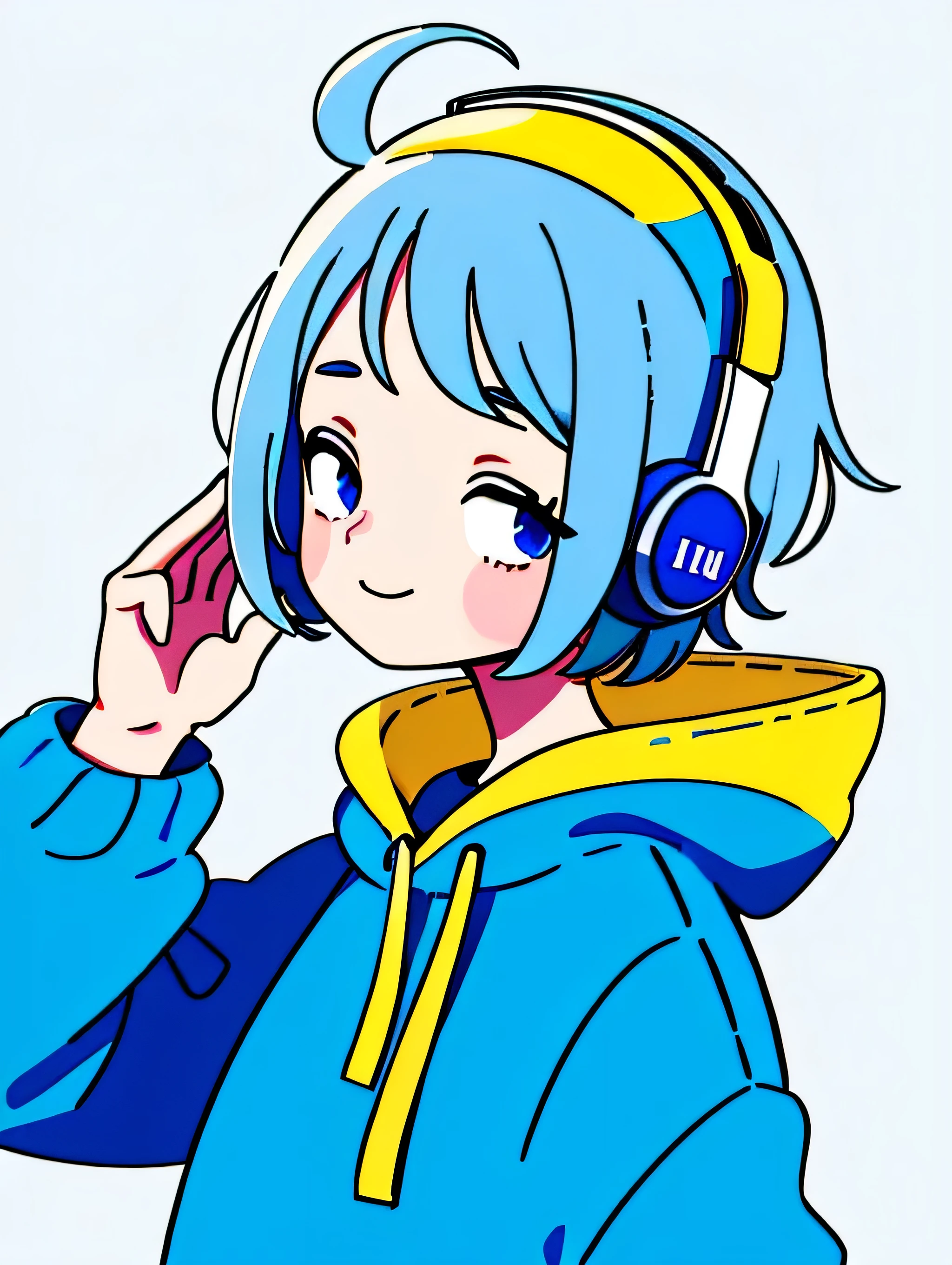Mash Hair Short Hair Blue hair Wearing a blue hoodie I'm wearing headphones 1 male smile Yellow irises Narrow eyes cheeks are white With hands up Delighted No background The upper body is not visible. Smiling with mouth closed There is no one around Low - Angle