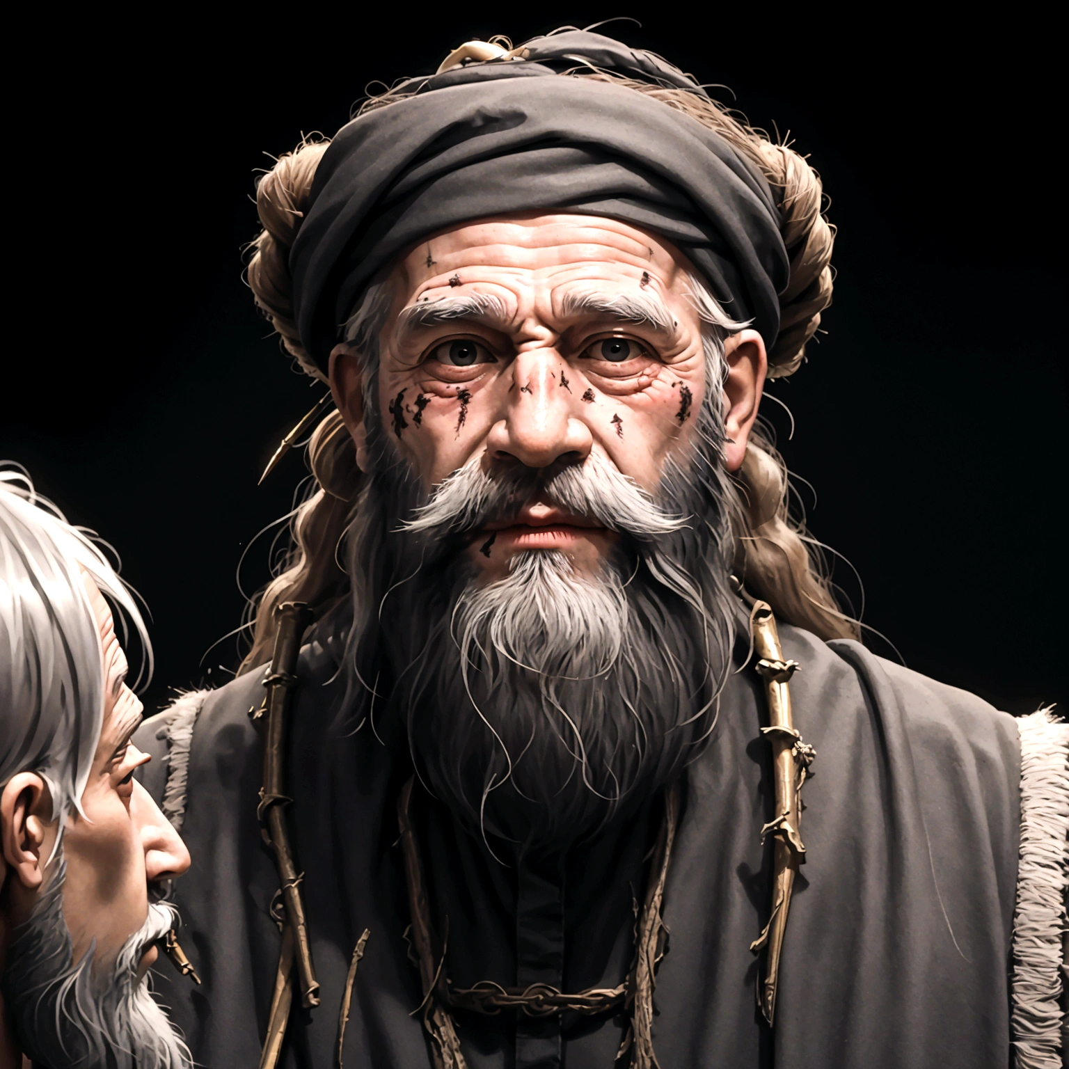 Biblical photo jo old man long beard with wounds on his skin sad talking to three men in front of him